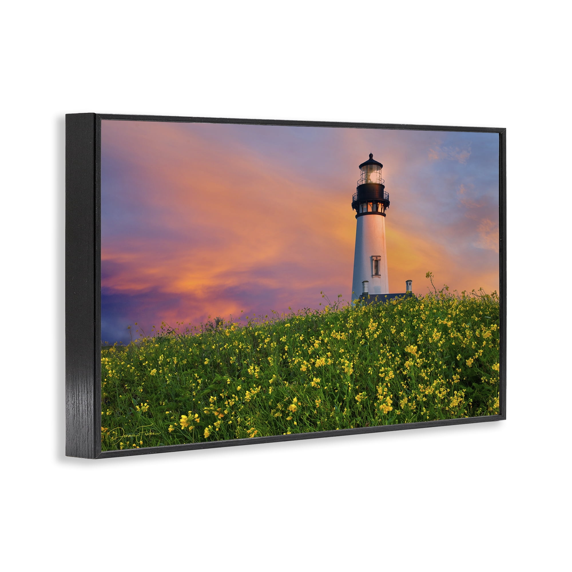 Stupell Industries Lighthouse & Floral Meadow Coastal Photography Black Framed Art Print Wall Art, 30 x 20