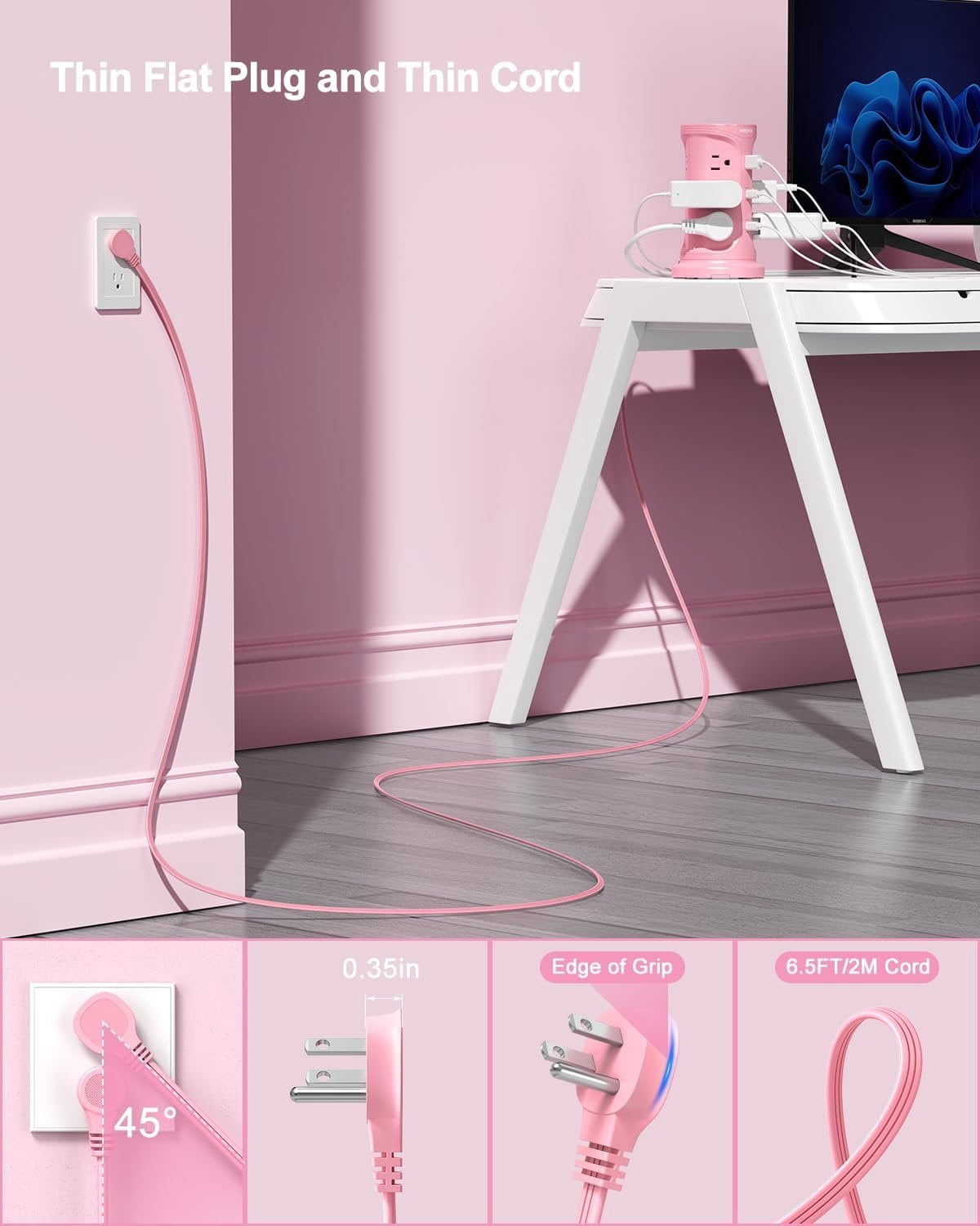 Tower Power Strip Surge Protector with 12 Outlets 3 USB Ports(2 Type C), 6.5 FT Ultra Flat Extension Cord with Multiple Outlets, Flat Plug Outlet Extender with Screw Wall Mount for  Office Dorm