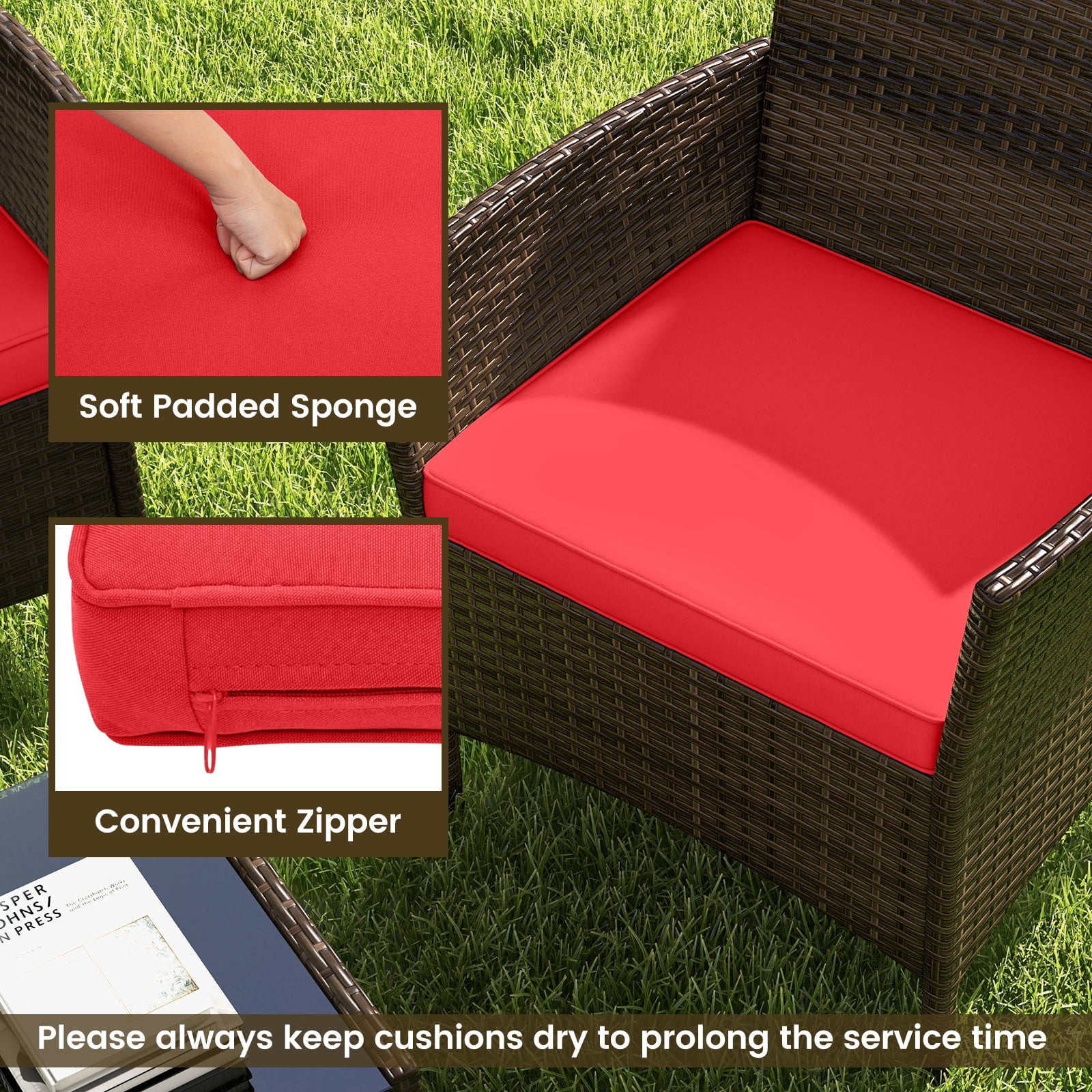 Patiojoy 4 Pieces Patio Furniture Set Outdoor PE Wicker Conversation Set with Washable Cushions and Tempered Glass Coffee Table Red