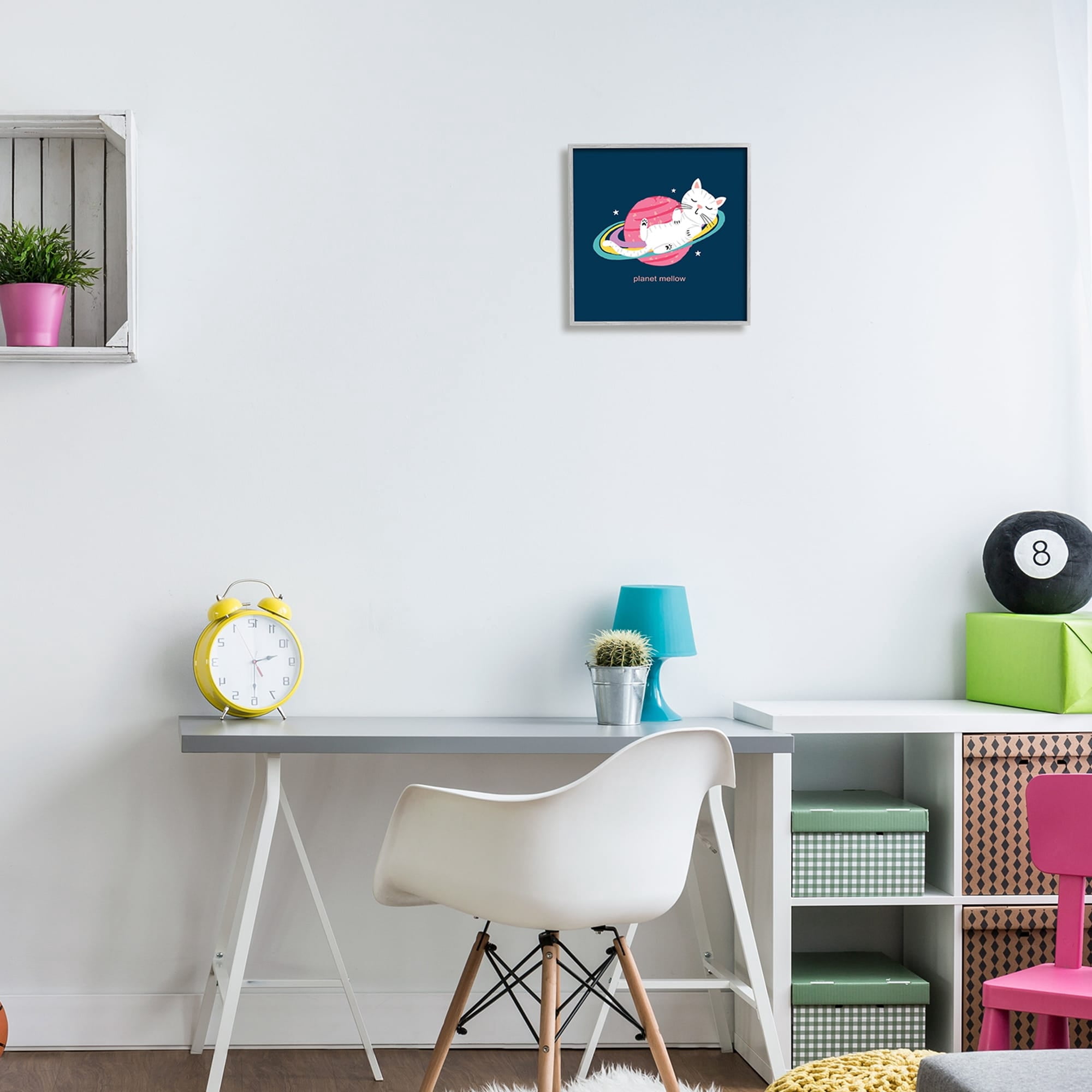 Stupell Industries Planet Mellow Tired White Cat Sleeping Saturn Rings Framed Wall Art, 12 x 12, Design by Lisa Perry Whitebutton