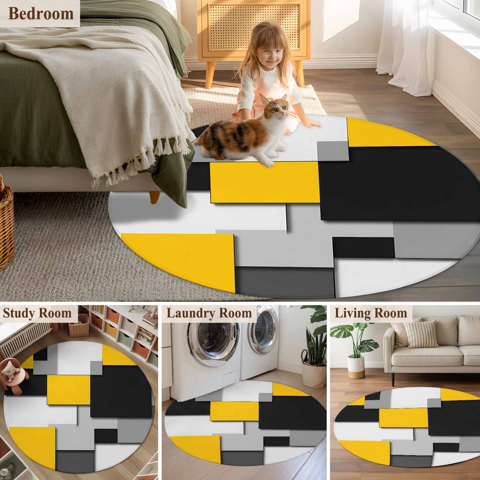 Round Rugs 6 Ft, Yellow Grey Black Geometric Non Slip Area Rugs for Kitchen Bedroom Entryway, Modern Abstract Art Washable Carpet Runner Rug Floor Mats for Bedroom Home Decor