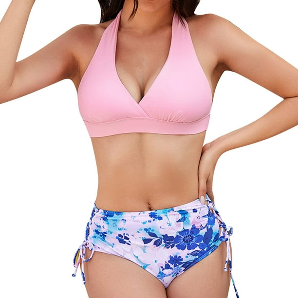 PMUYBHF Female Push Up Bikini Tops for Women Women's Backless Cut Out  Printed Strapping Split Swimsuit Suit Pink M