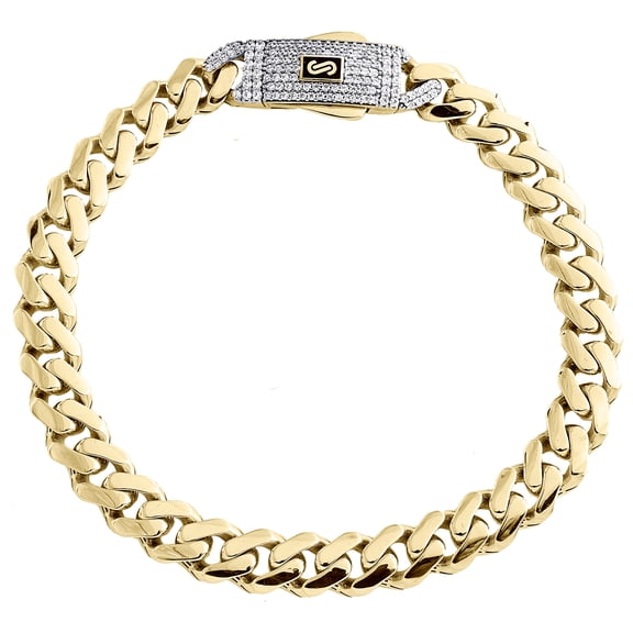 10K Yellow Gold Cubic Zirconia Monaco / Cuban Link 7.5mm Statement Bracelet 8"