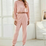 Women's Long Sleeve Sports Tops Set Elastic Waist Long Pants Pajamas Sets A4383