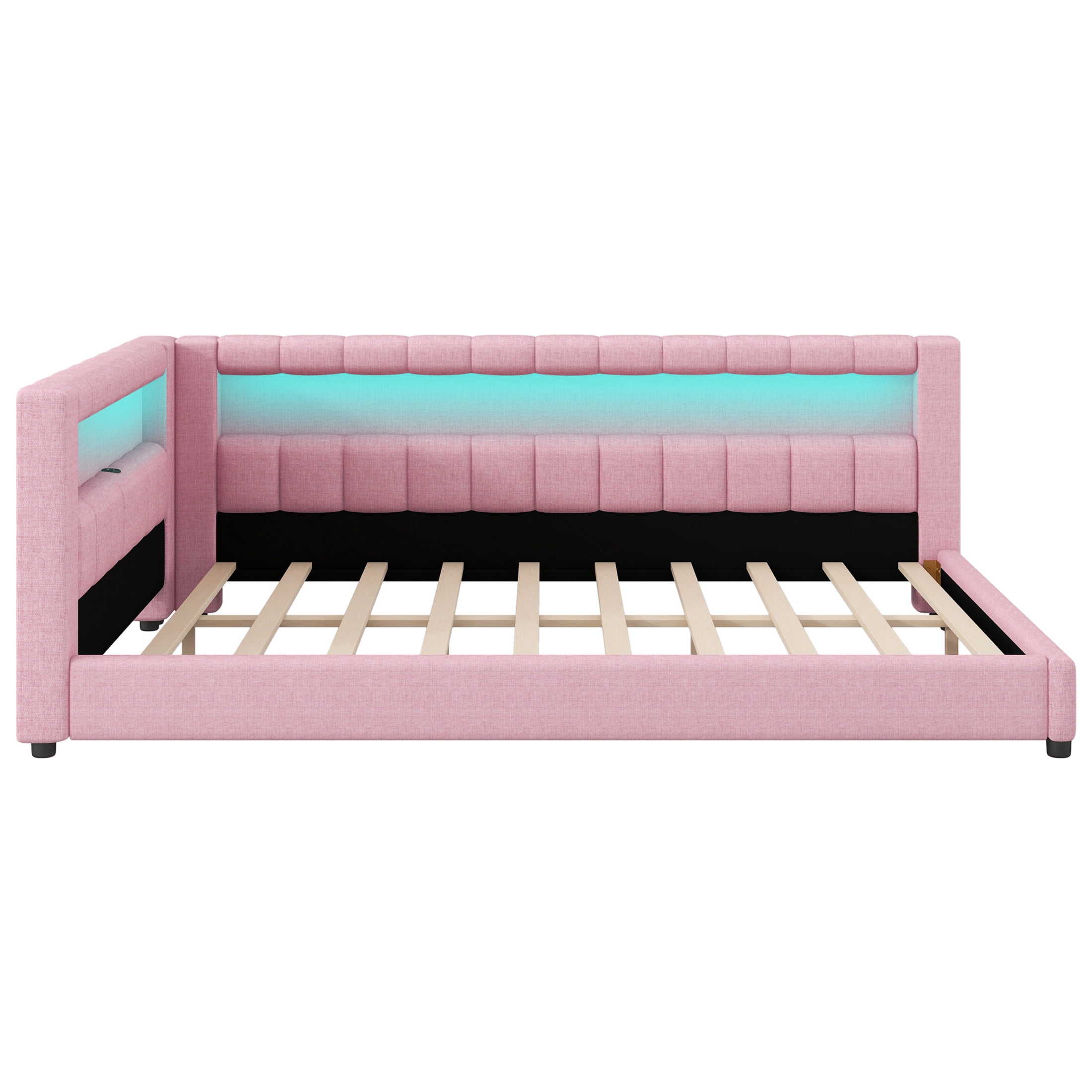 Noble House Dexter Full XL Linen Upholstered Platform Bed with LED Light Belt and USB Ports, Wood Frame, Pink