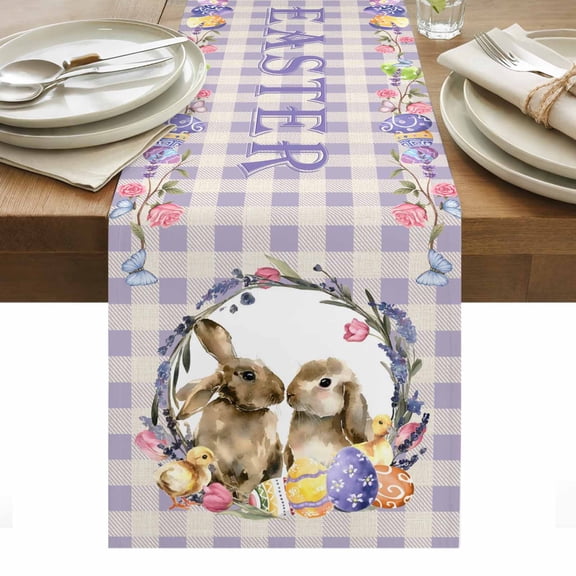 Easter Bunny Table Runner - 48 Inch Long, Kitchen Dining Table Runner Dresser Scarves, Spring Easter Eggs Chick Floral Purple Check Farmhouse Decor for Coffee Tables Wedding Party Banquet