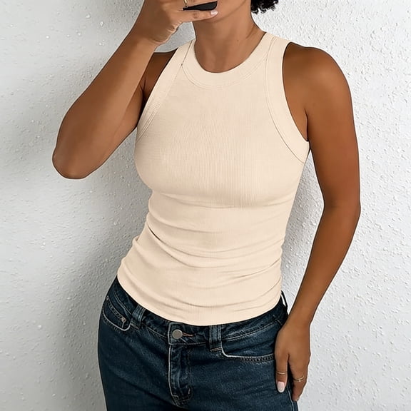 Women's Ribbed Sleeveless Tank Top, Racerback Thick Strap Casual Camisole, Solid Color Basic Cami for Women, Summer Layering Tops, Everyday Basic Casual Tops for Women Beige L