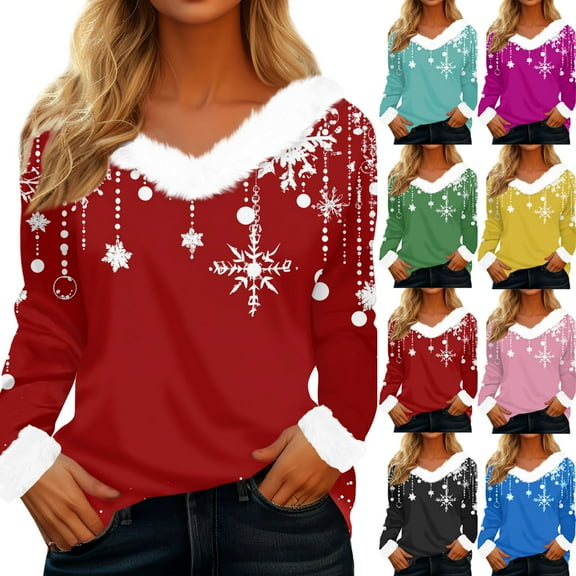 Qwertyu Merry Christmas Tops for Women Faux Fur Trim V Neck Blouse Graphic Xmas Long Sleeve Fashion Winter Clothing Hot Pink XL