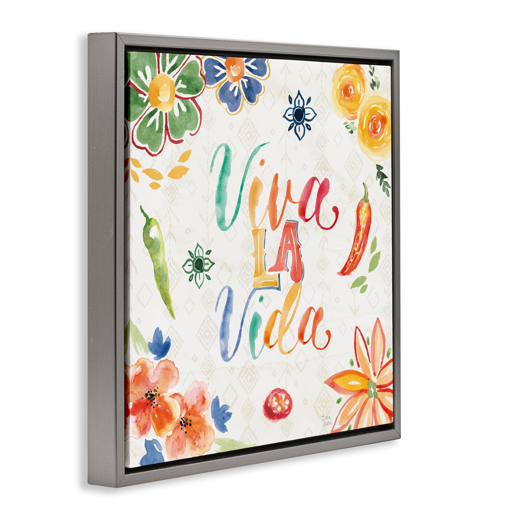 Stupell Industries Viva La Vida Celebración Inspirational Quotes & Sayings Painting Gray Floater Framed Art Print Wall Art, 18 x 18