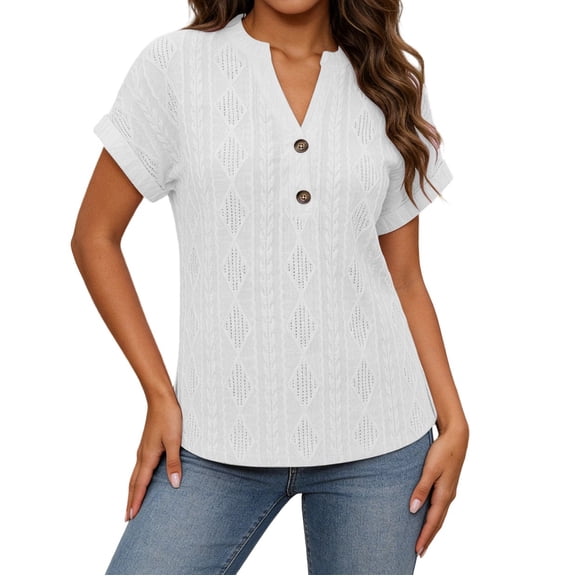 yeiolnoer Shirts for Women Short Sleeve V Neck Sweater Eyelet Tunic Top Knit Elegant Summer Spring Tops Casual Blouse