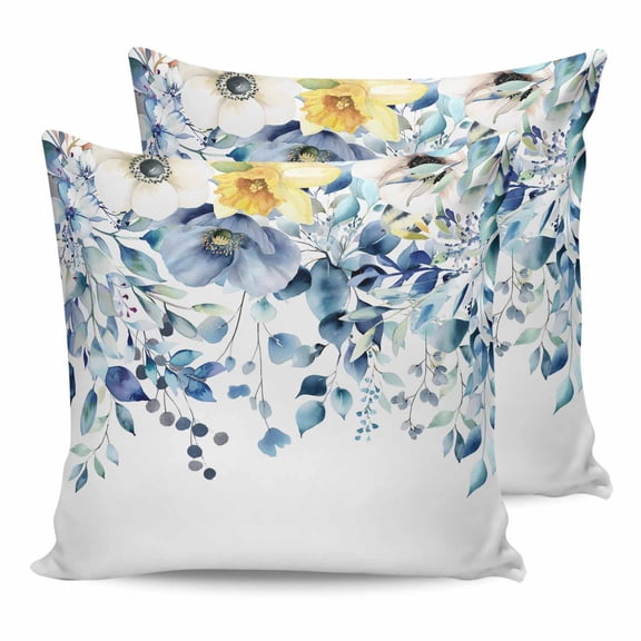 14x14 Pillow Covers Set of 2, Teal Blue Eucalyptus Throw Pillow Covers Decorative Couch Cushion Case, Spring Garden Floral Leaves Botanical Microfiber Square Pillowcases for Bedroom Car Living Room