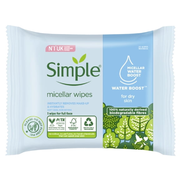 Toallitas desmaquillantes Simple biodegradables con agua micelar 20 pzas