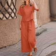 thumbnail image 3 of 2 Piece Outfits for Women Summer Cotton Linen Sets Lounge Solid 3/4 Sleeve Embroidered Top Matching Causal Wide Leg Pants, M, 3 of 7