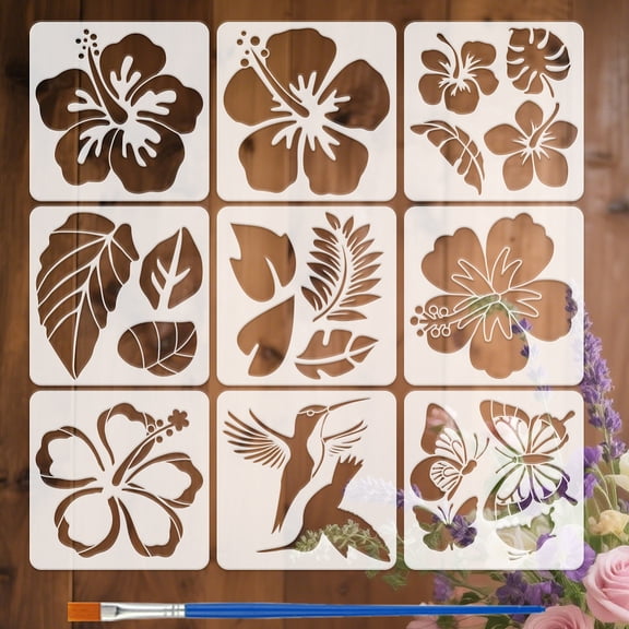9Pcs Hibiscus Flower Leaf Stencils with Brush 11.8x11.8inch Tropical Leaves Floral Butterflies Art Drawing Stencil Reusable Hawaiian Floral Template