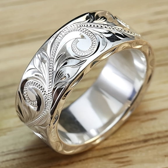 [1pc Wide Face Exquisite Ring] 1pc Women's Fashion Wide Face Ring Exquisite Hand Carved Leaves and Flowers Wide Face Ring for Men and Women Daily Casual Party Trendy Accessories,Silvery10