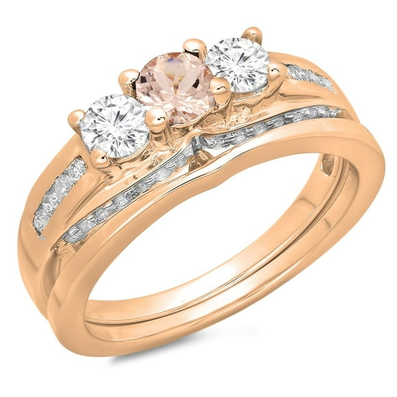 Dazzlingrock Collection 14K Morganite & White Diamond Bridal 3 Stone Engagement Ring With Matching Band Set, Rose Gold, Size 5