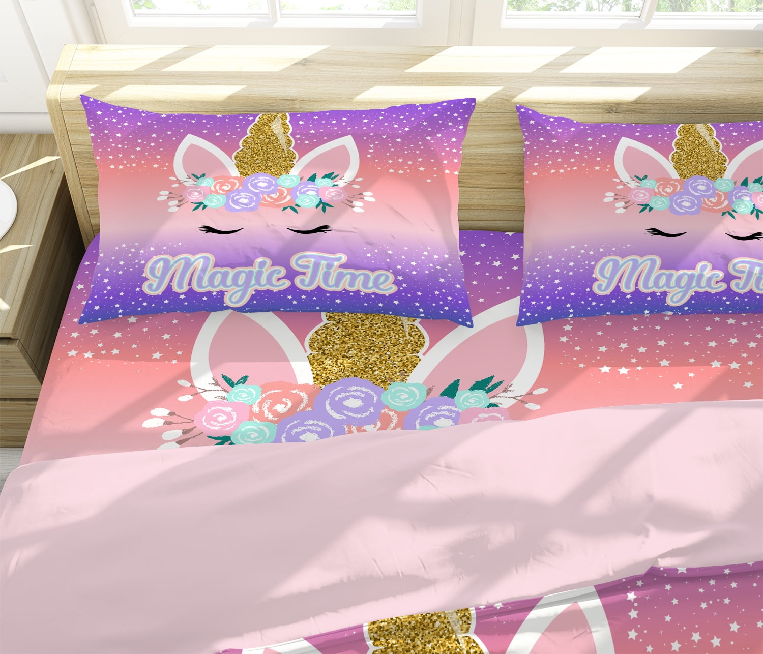 Girls Comforter Set Queen,3 Piece Glitter Bedding with Star Unicorn Printed , Ombre Purple Orange Bedding Set Soft Breathable All Season for Teens and Kids
