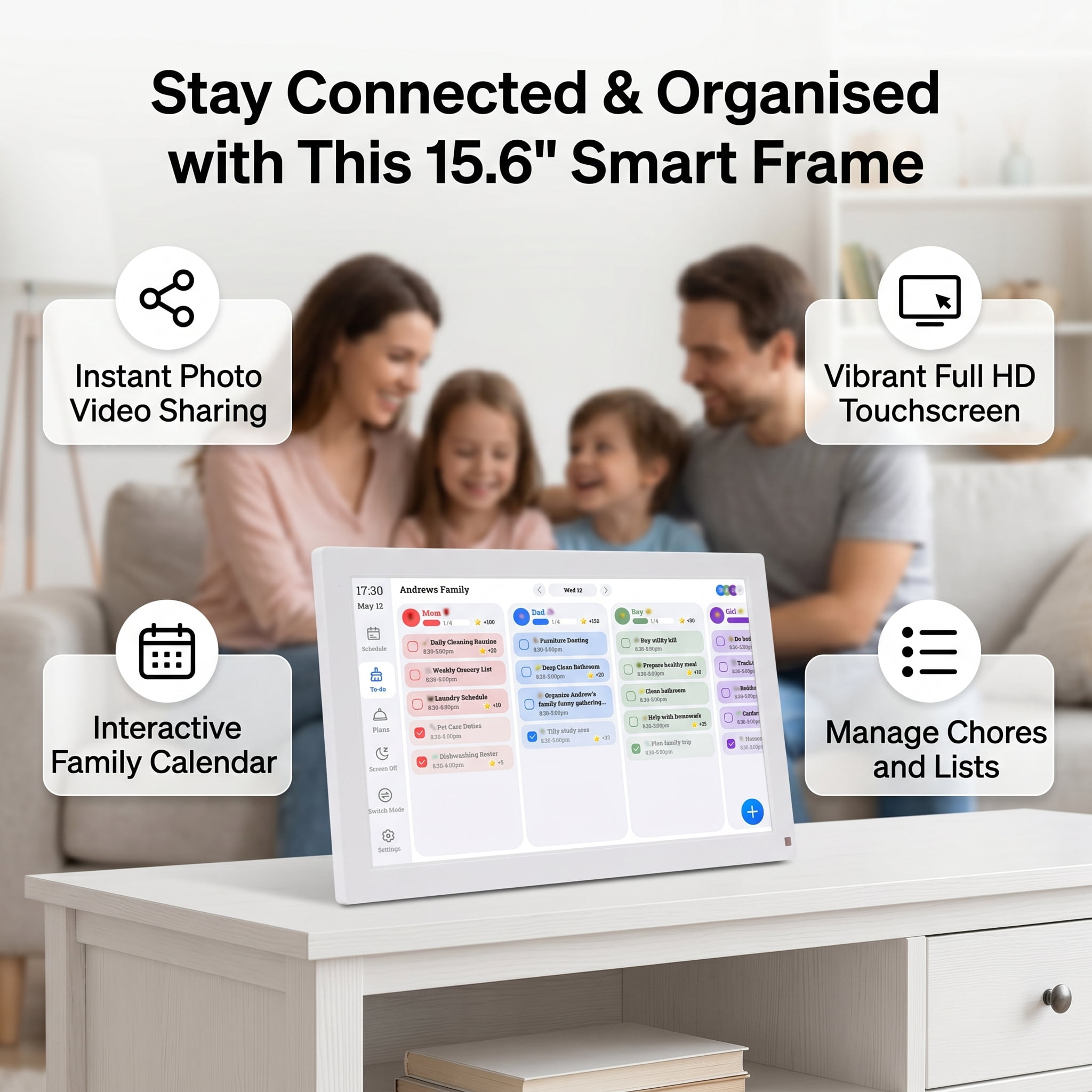 Cacagoo Digital Calendar, 15.6 Inch Wall Planner Electronic Calendar & Chore Chart, Smart Touchscreen Interactive Display for Family Schedules, Wall & Desk Mountable