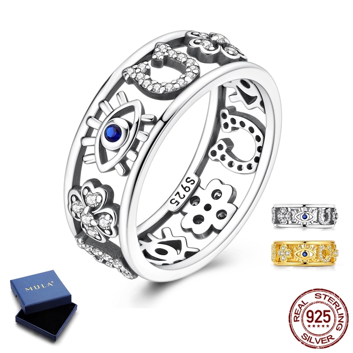 MULA 925 Sterling Silver Clover Ring for Women, Hypoallergenic Sparkling Hollow Horseshoe & Evil Eye Birthday Valentine's Day Gifts for Her Size 6