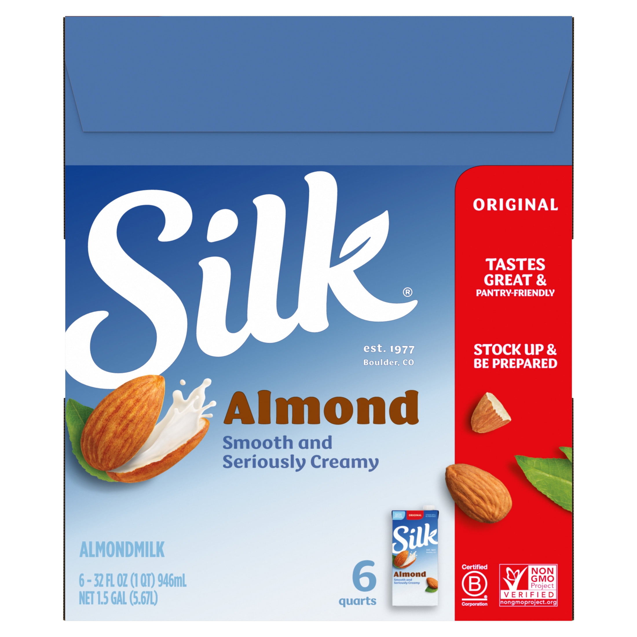 Silk Shelf Stable, Dairy Free, Lactose Free, Gluten Free, Original Almond Milk, 32 fl oz Quart, 6 Count