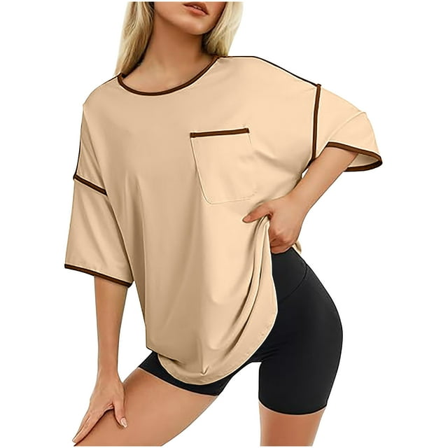 Plebaso Womens Casual T-Shirts Short Sleeve Crew Neck Loose T Shirts Summer Basic Tees Tops with Pockets