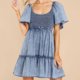 thumbnail image 1 of Vestido vaquero informal con manga acampanada y cuello en U para mujer, traje Sexy de cintura alta con volantes, elástico, fruncido en el pecho, 2023, 1 of 5