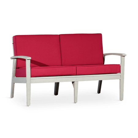 CoSoTower Eucalyptus Loveseat With Cushions, Driftwood Gray Finish, Burgundy Cushions
