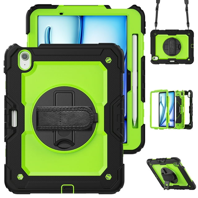 Case for iPad Air 11 Inch M3 2025/M2 2024 (7th/6th Gen) with Screen Protector, 360 Degree Rotating Kickstand Hand Strap Heavy Duty Shockproof Cover with Shoulder Strap, Lime PC