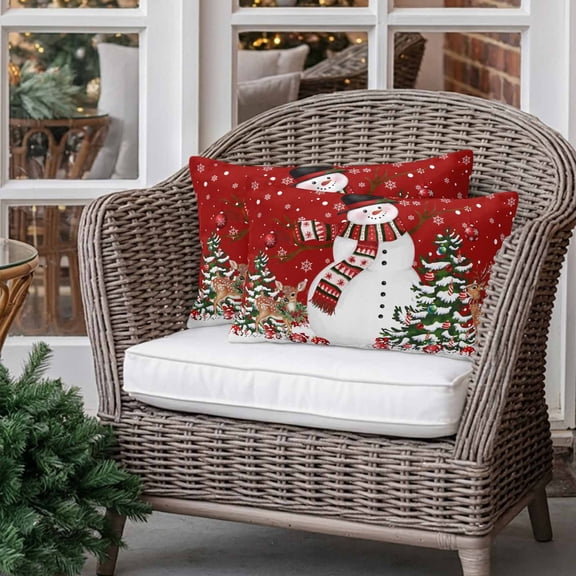 Outdoor Pillow Covers Pack of 2, Christmas Snowman Xmas Tree Reindeer Waterproof Throw Pillowcase Cushion Cases, Snowflake Red Decorative Pillow Cover for Couch Sofa Home Bed Patio 20x12in