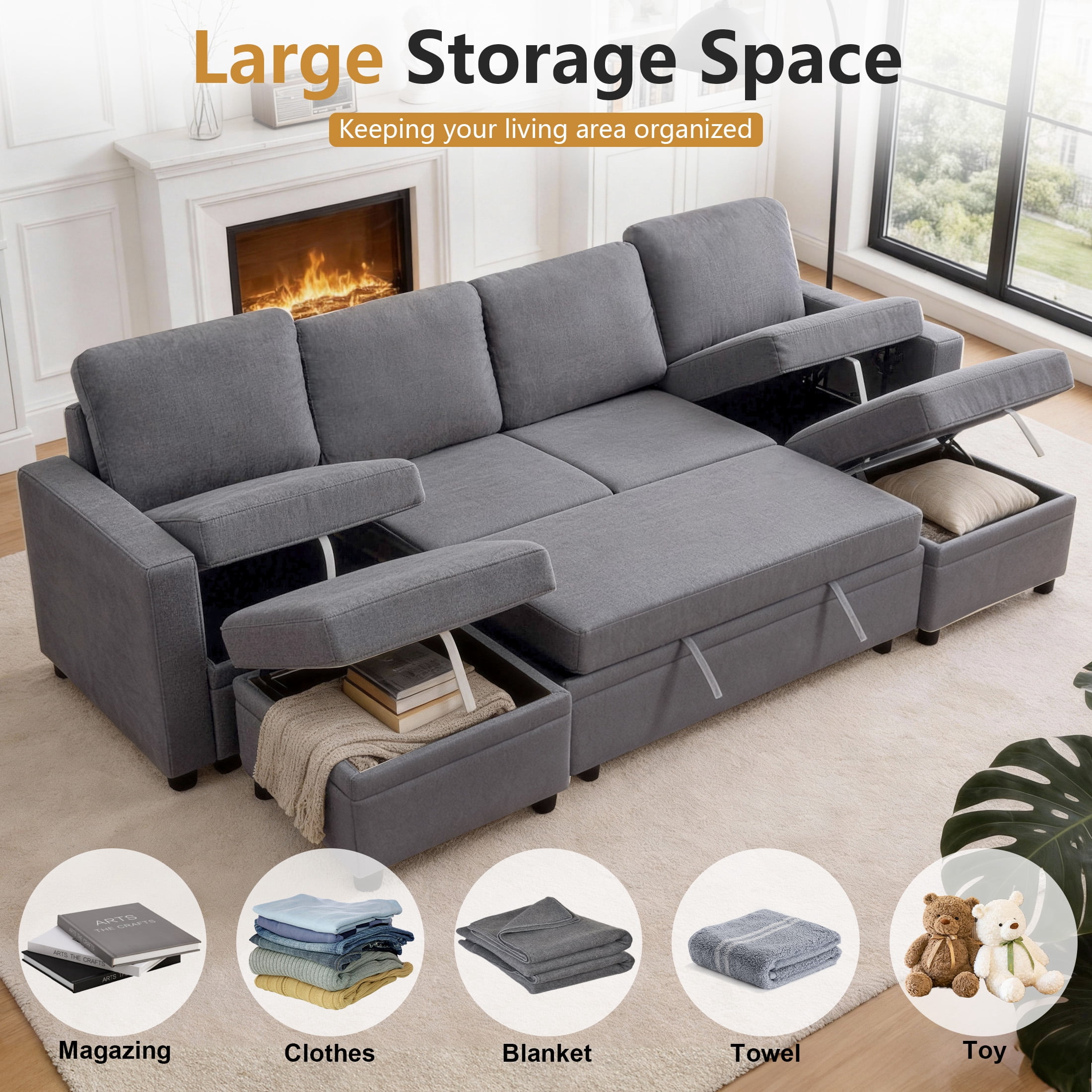 AENKYO 102'' U-Shaped Sectional Sofa Bed, Linen Pull Out Sleeper Couch with Storage Seats for Living Room，Gray