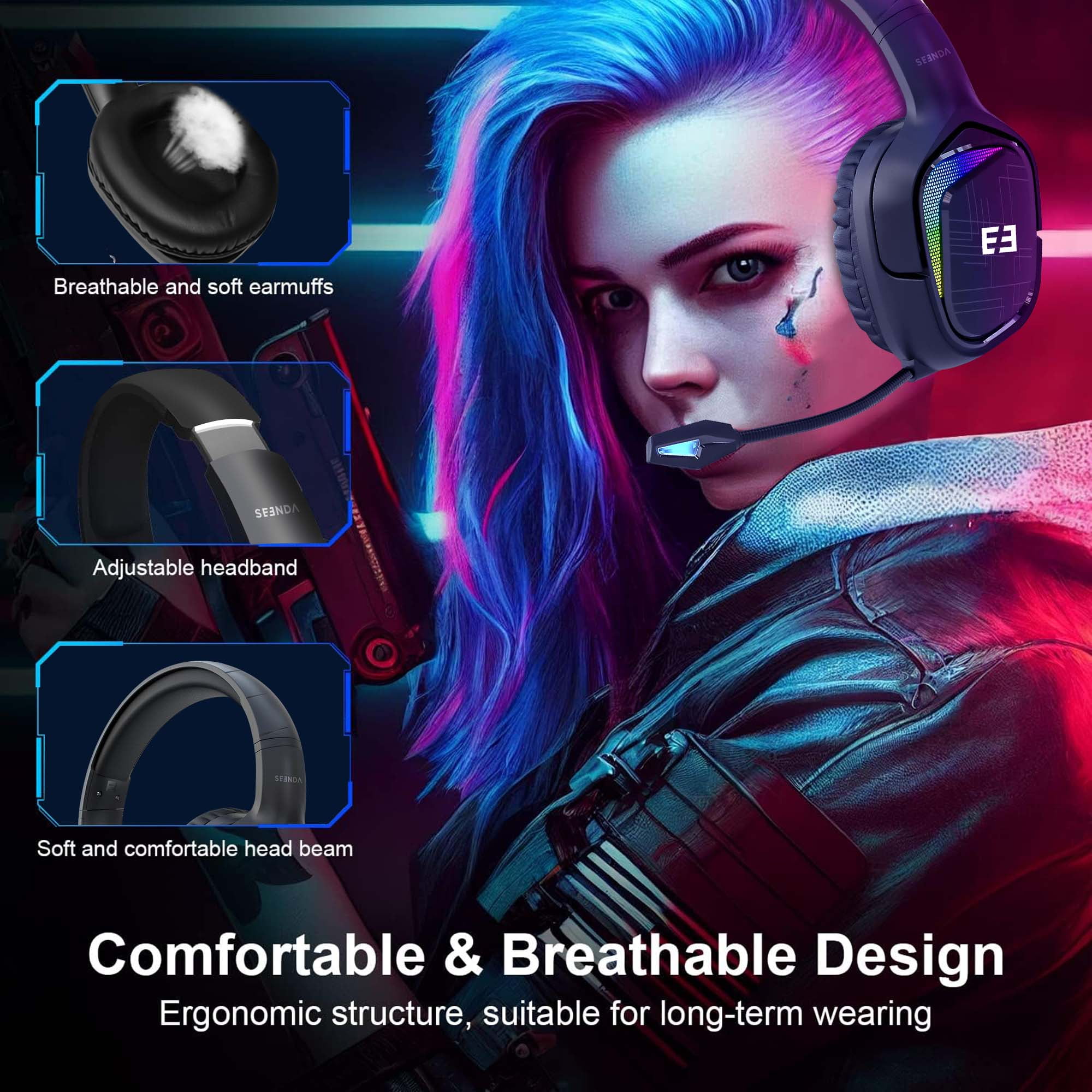 Seenda Wireless Gaming Headset, PS4 Headset with Stereo Sound for PC PS4 PS5 Xbox One Mac Switch Laptop