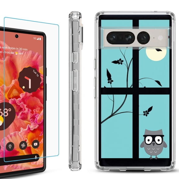 Shockproof Bumper Phone Case for Google Pixel 7 Pro, with Tempered Glass Screen Protector, by OneToughShield ® - Moon Owl
