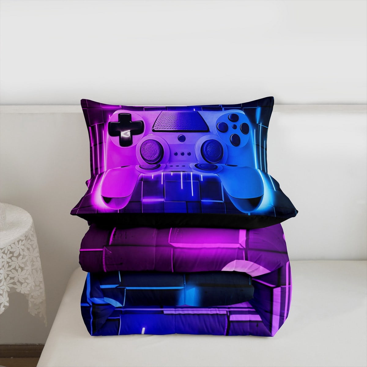 Blue Purple Gaming Comforter Set - Gamer Comforter Twin Bedding Sets , Neon Lights Abstract Geometry Design Gamer Room Decor