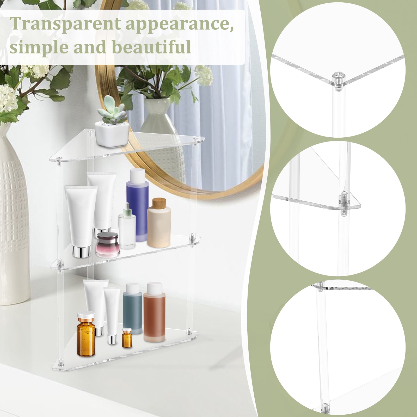 3 Tier Corner Shelf Transparent Acrylic Counter Corner Shelves Organizer Triangle Storage Rack for Bathroom Kitchen Office Vanity