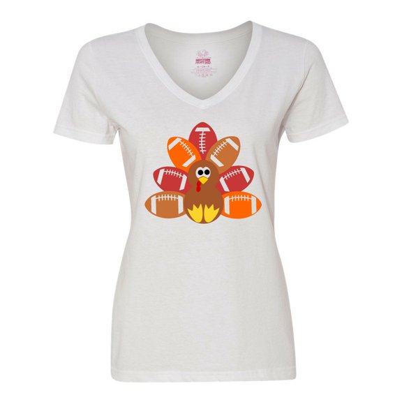 Inktastic Thanksgiving Cute Football Turkey Women's V-Neck T-Shirt