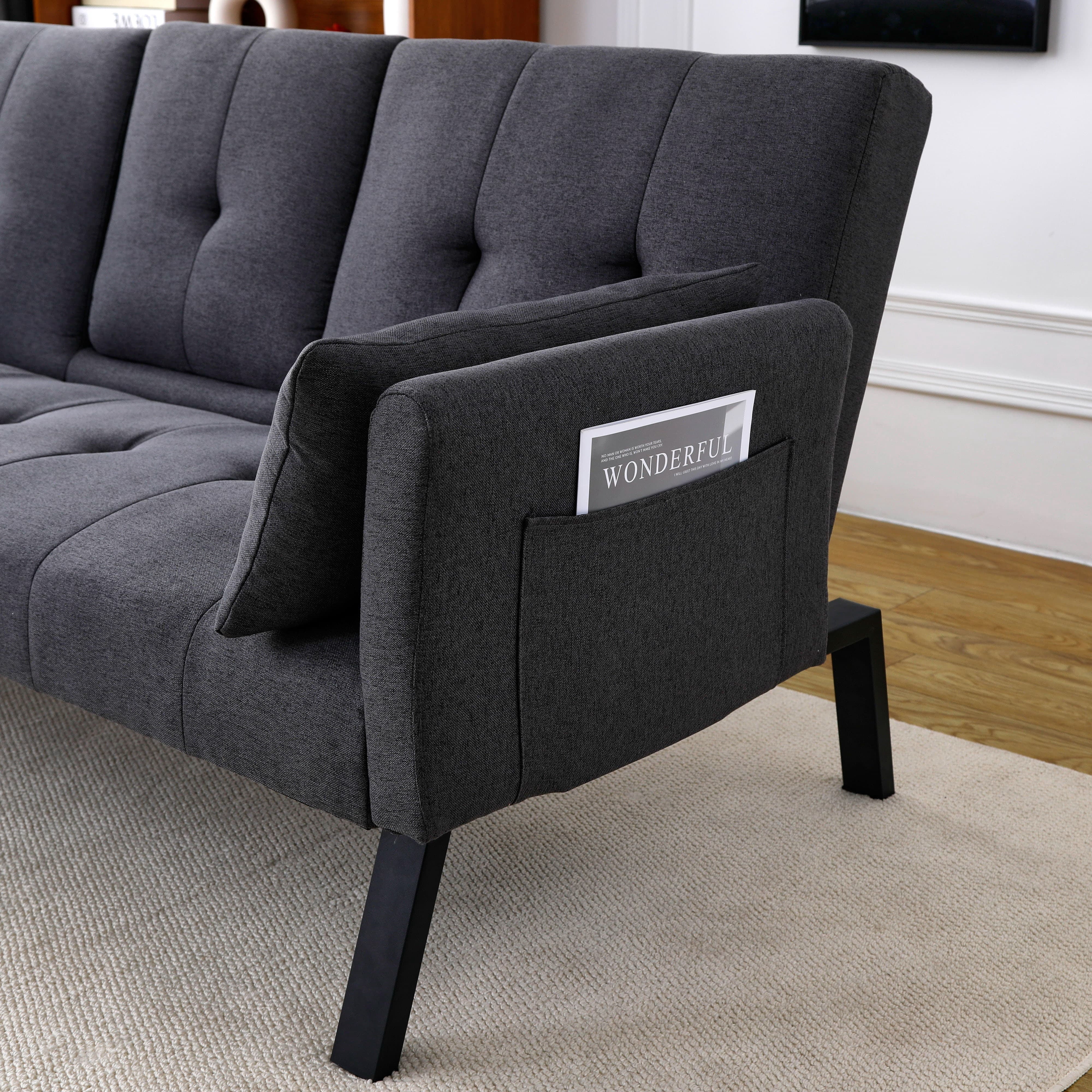 MAYEERTY 70" Linen Sofa Bed Foldable Sofa Couch with Cup Holder and Side Storage for Living Room, Bedroom and Apartment, Dark Gray