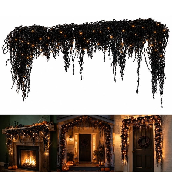 huayou 70.87 Inch Halloween Lighted Black Vine Garland, Hanging Glowing Twig Ornament for Mantel Wall Porch Indoor Outdoor Holiday Party Home Decor