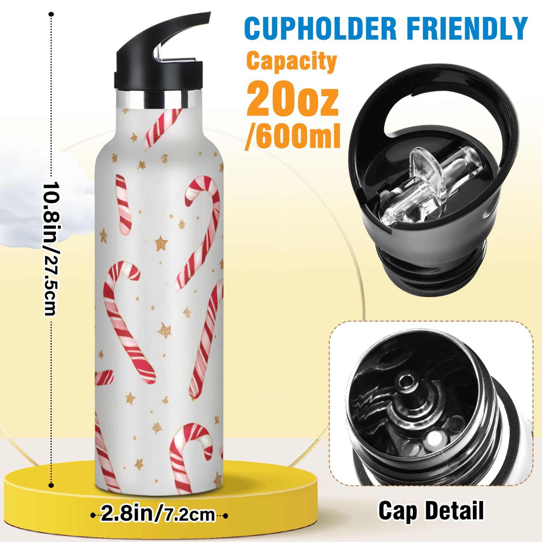 Kids Insulated Stainless Steel Sports Water Bottle 600ml (20oz) Candy Cane and Gold Stars