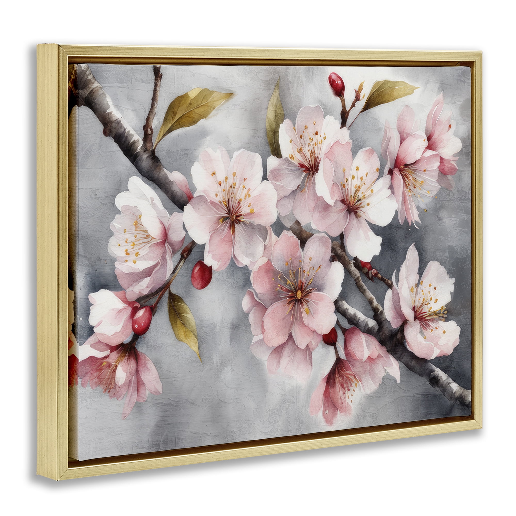 Stupell Industries Blossoms On Grey Botanical & Floral Painting Gold Floater Framed Art Print Wall Art, 21 x 17