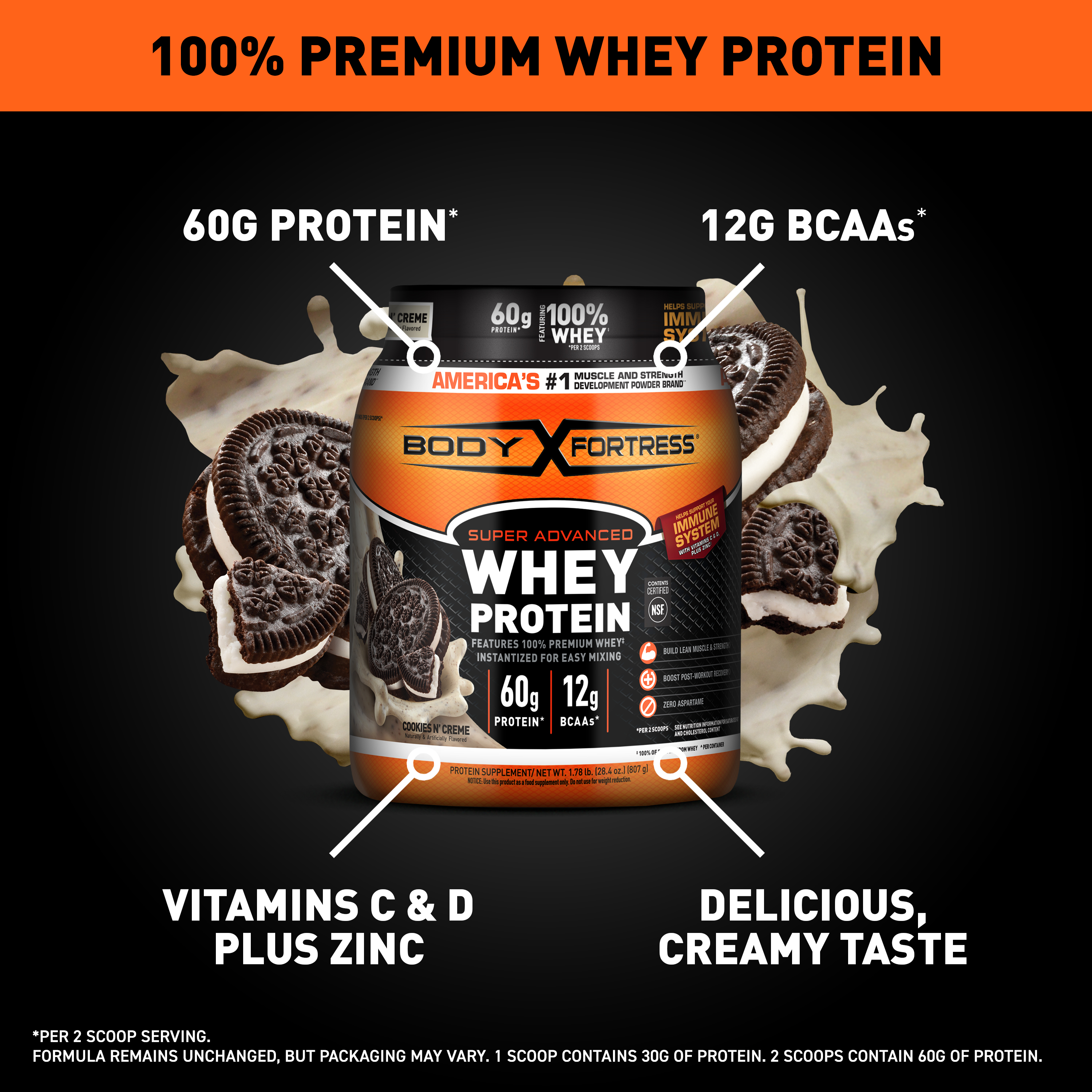 Body Fortress 100% Whey, Premium Protein Powder, Cookies N' Cream, 1.78lbs (Packaging May Vary) - image 2 of 7