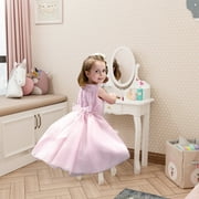 JOYMOR Kids Vanity Table and Stool Makeup Dressing Set w/ Mirrors & 3 Drawers, White
