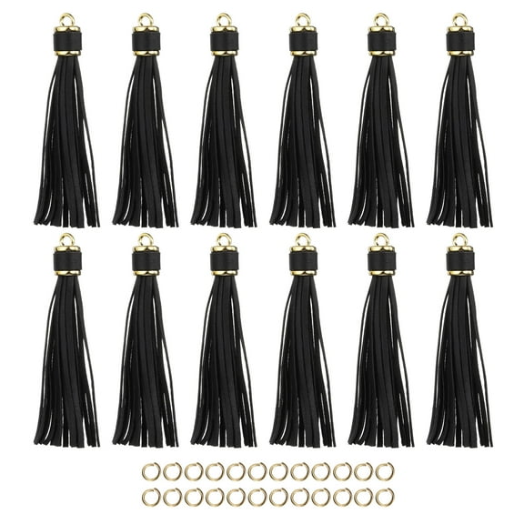 12pcs PU Leather Tassels, 4.3" Keychain Tassel Charm Tassel with Small Rings for Jewelry Making(Black)