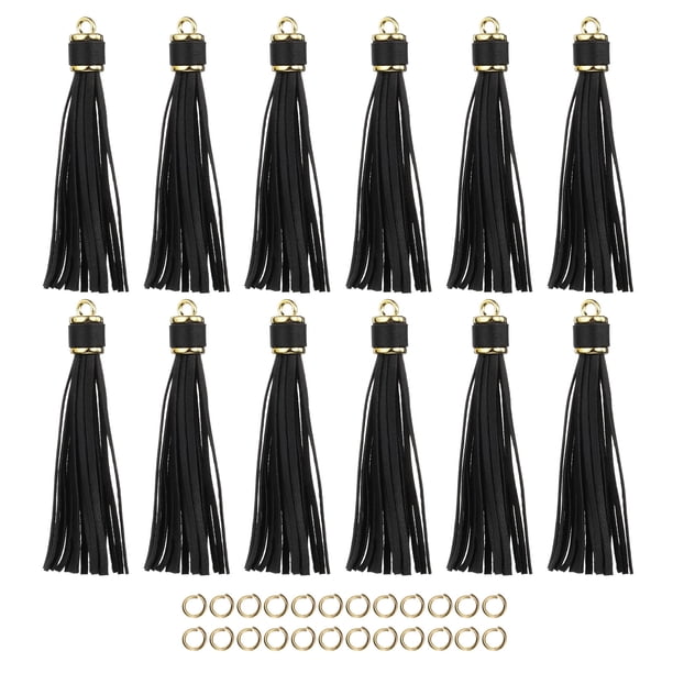 12pcs Borlas de Cuero PU, 4.3" Encanto de Borla para Llavero con Anillos Pequeños para Hacer Joyería (Negro)