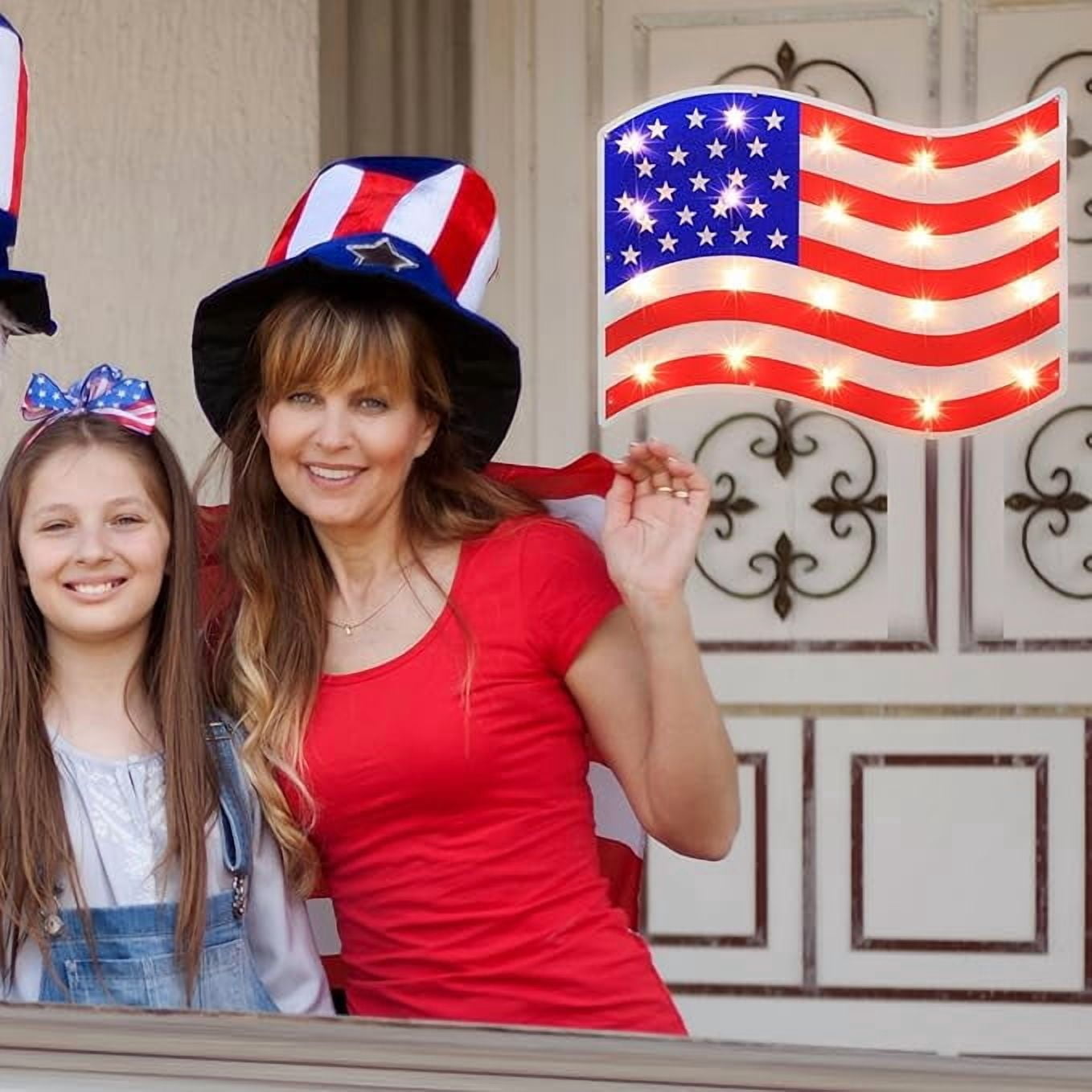 LAMPHOME 17.3'' Lighted Holographic American Flag Window Silhouette Decoration, Red White Blue Patriotic Ornament, Ideal for Independence Day, Memorial Day Holiday Decor