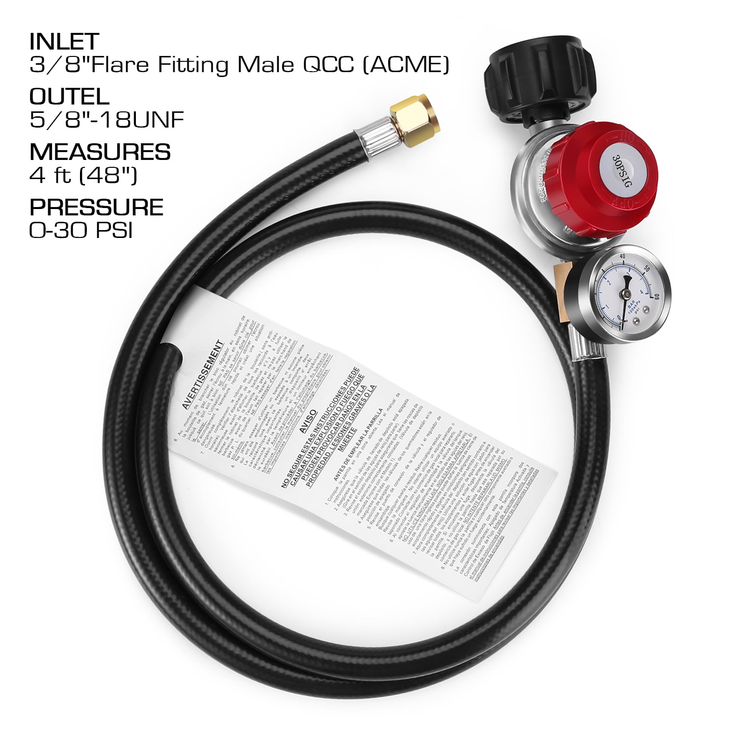 Stainless Steel Braided High Pressure Propane Regulator for Fire Pit Gas Cooker Grill GASPRO 5Ft 0-30 PSI Adjustable Propane Regulator Hose with Gauge Forge QCC1 x 3/8 Female Flare Connection
