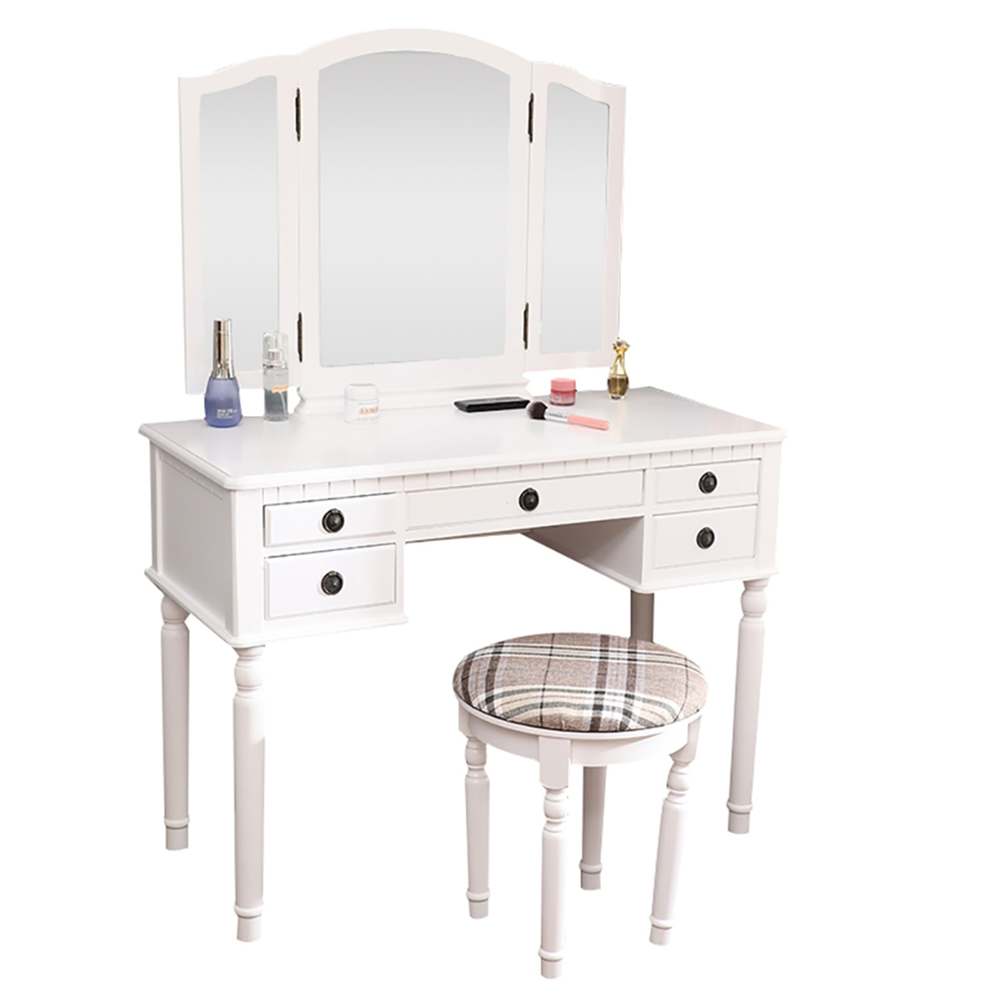 Kadyn Vanity Table and Chair Set, Vanity Set with Mirror and Stool with 3 Drawer, White