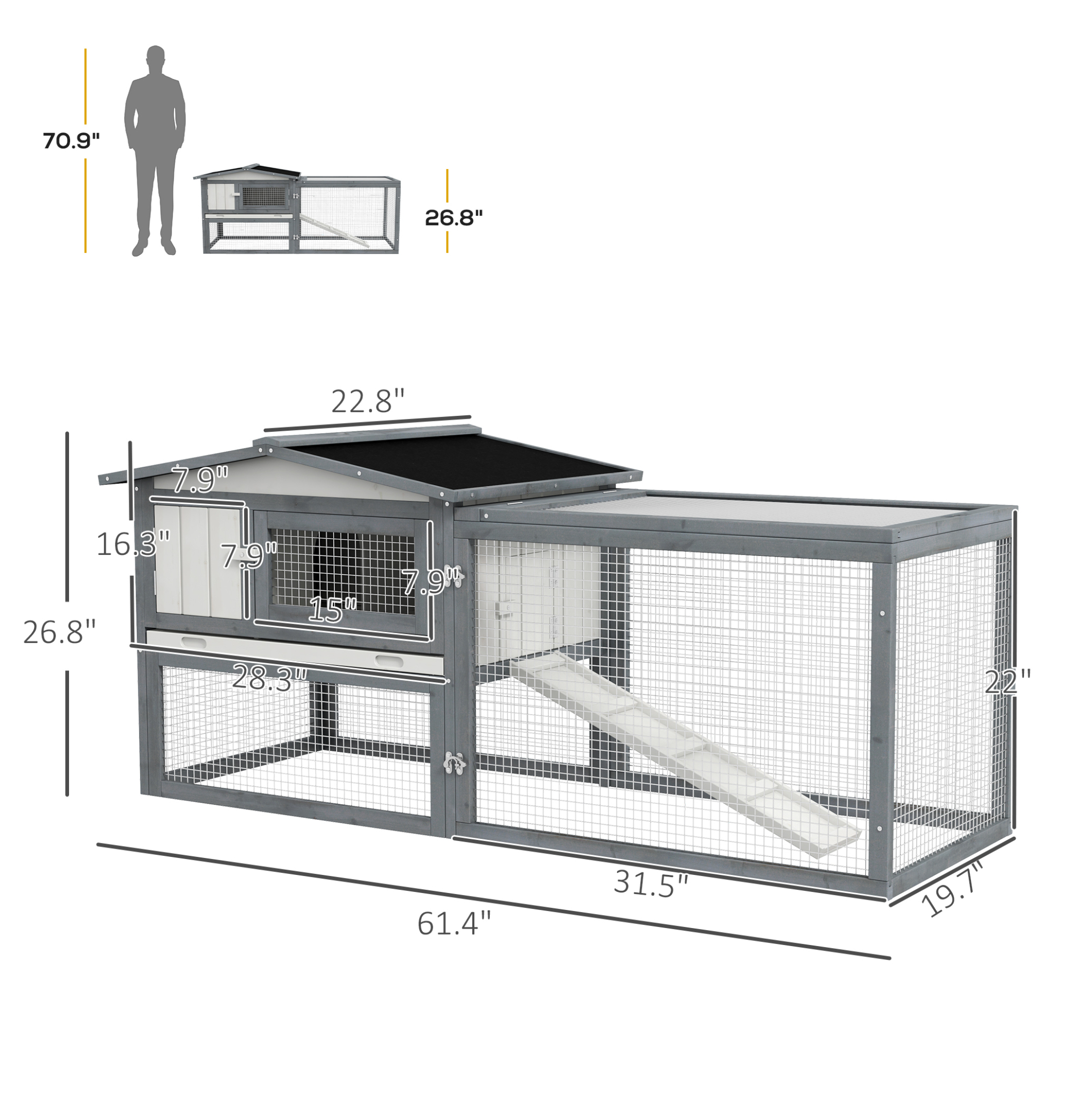 Rabbit Hutch Outdoor 2-Tier 61" L Wooden Cage for Rabbits Guinea Pigs - White