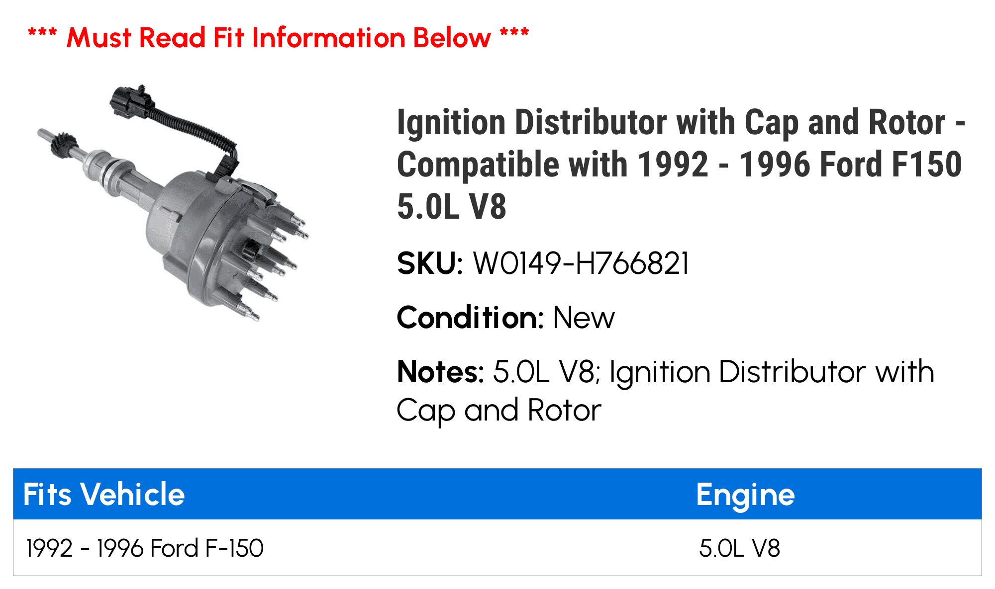Ignition Distributor with Cap and Rotor - Compatible with 1992 - 1996 Ford F150 5.0L V8 1993 1994 1995