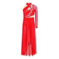 thumbnail image 5 of Raenseen Kids Girls Modern Lyrical Dance Dress One-shoulder Applique Mesh Split Dresses Red 12, 5 of 7