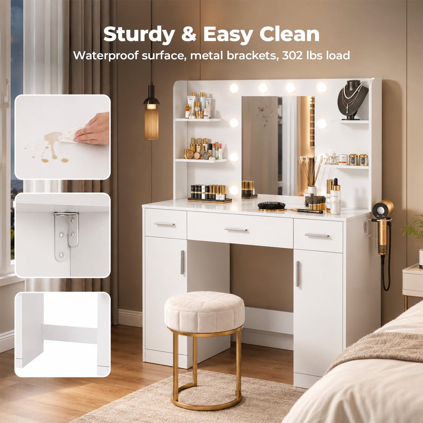 Alvantor Vanity Desk with Mirror & Lights, LED Makeup Table with Drawers & Shelves, USB Ports, White